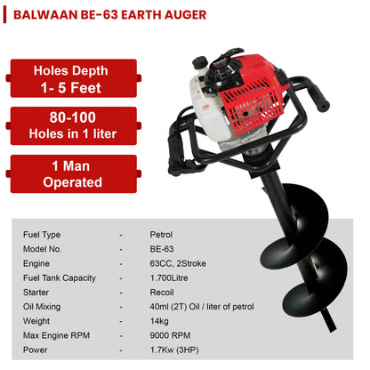 Balwaan 63cc Earth Auger with 8 Inch & 12 Inch Planter| BE-63