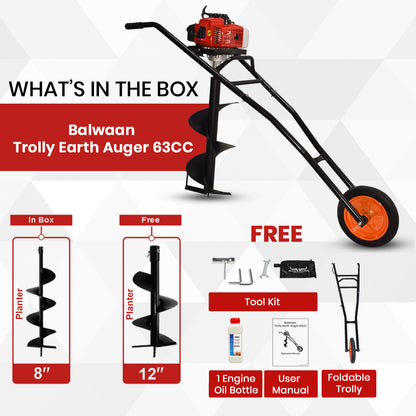 Balwaan Trolly Earth Auger with 8 Inch & 12 Inch Planter| 63cc